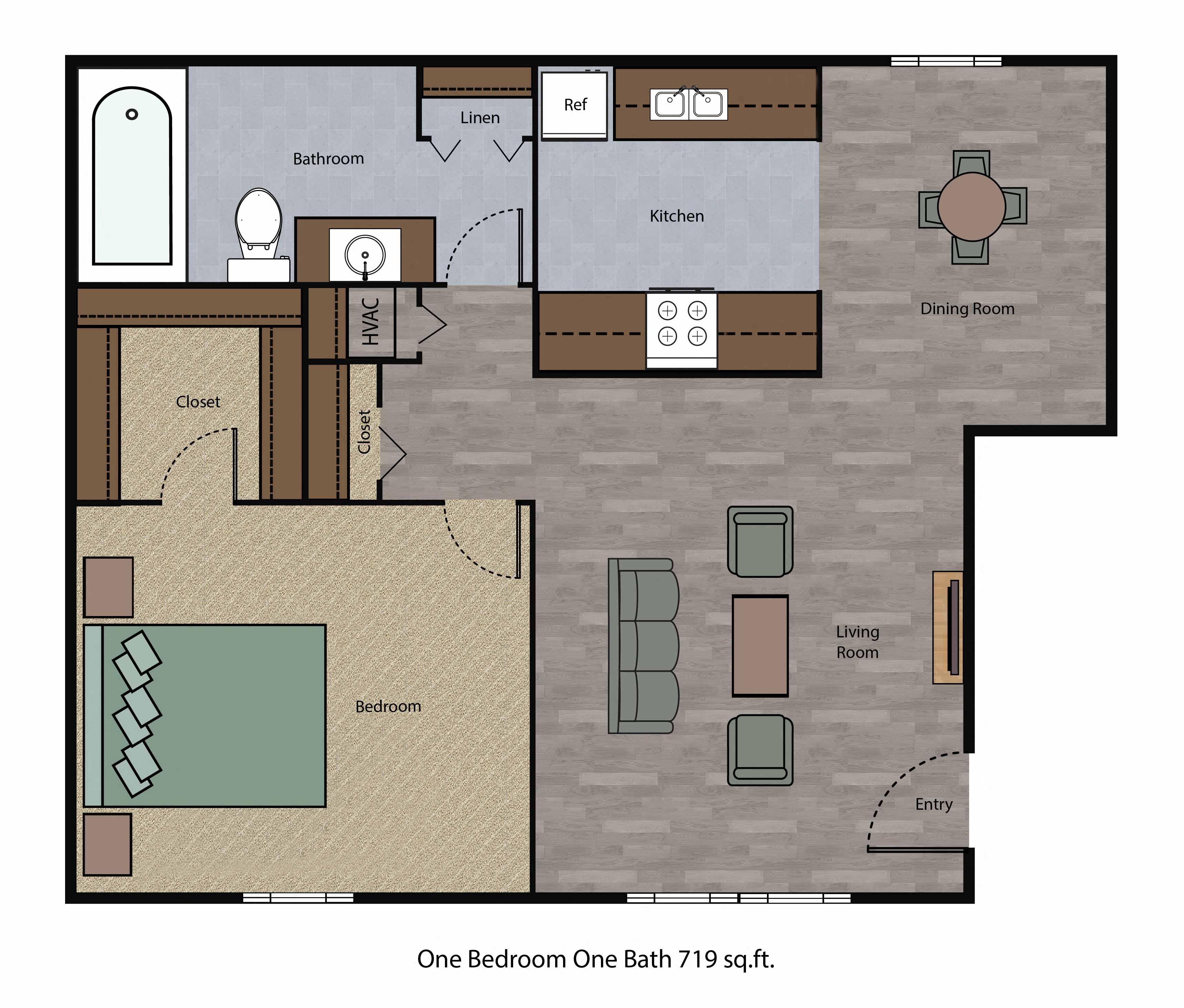 Floor plan for 1 bed, 1 bath, 719 sqft